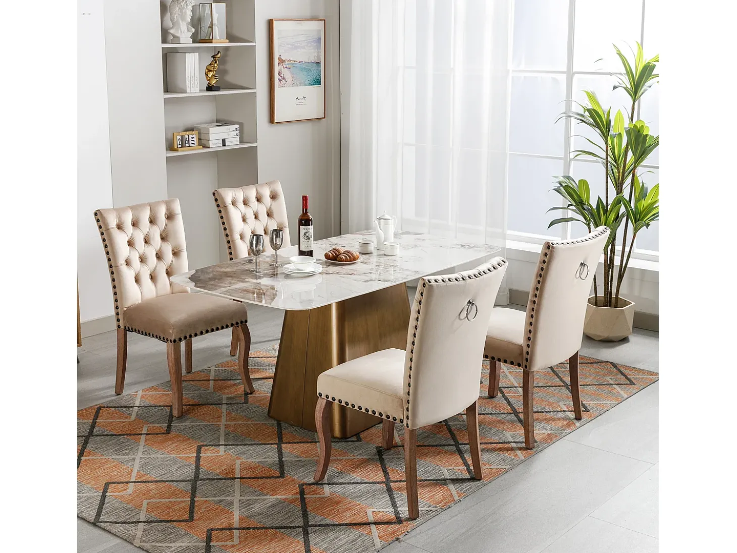 Sillas de comedor con campana decorativa, juego de 4, patas de madera maciza, terciopelo camel claro, clavos decorativos (49 x 63 x 95 cm)