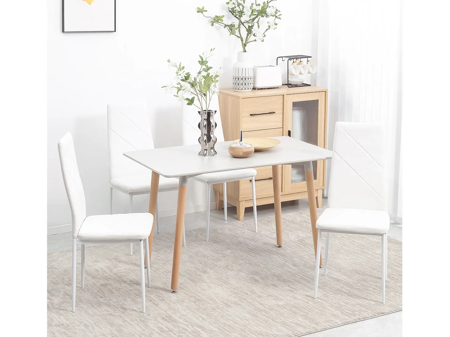Sillas de comedor, con respaldo y patas de metal, tapizado en polipiel, color blanco (50x41x97 cm)