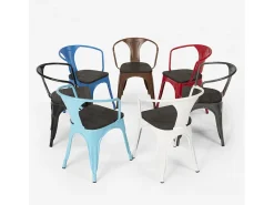 sillas de comedor de metal y madera estilo industrial steel wood arm - Azul