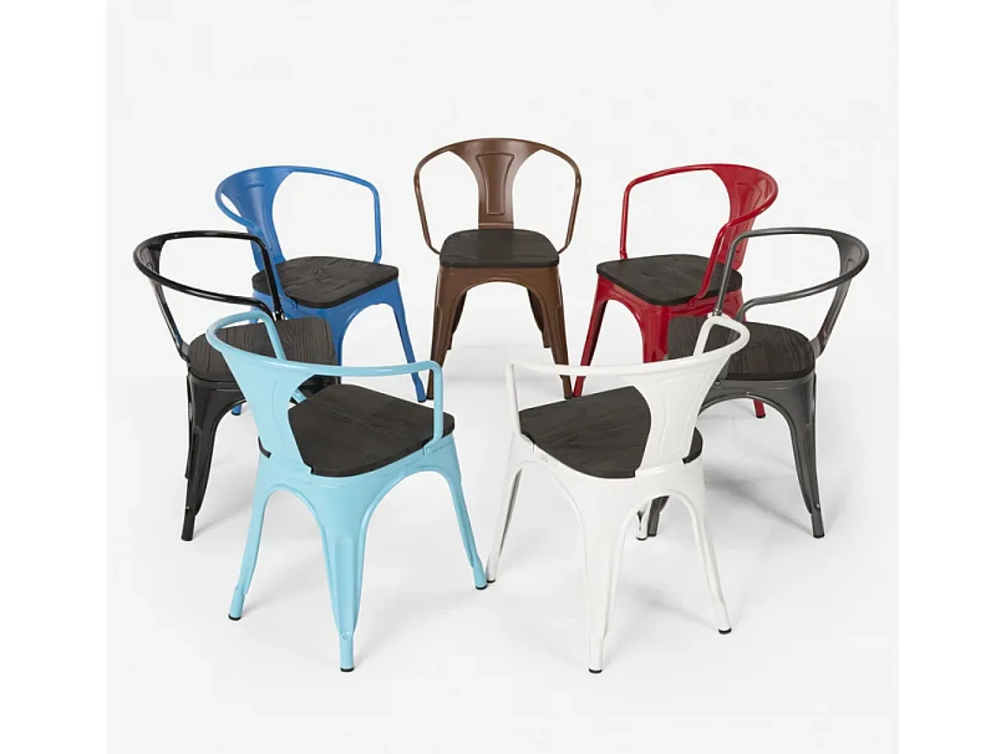 sillas de comedor de metal y madera estilo industrial steel wood arm - Azul