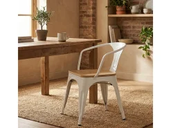 sillas de comedor de metal y madera estilo industrial steel wood arm light - Blanco