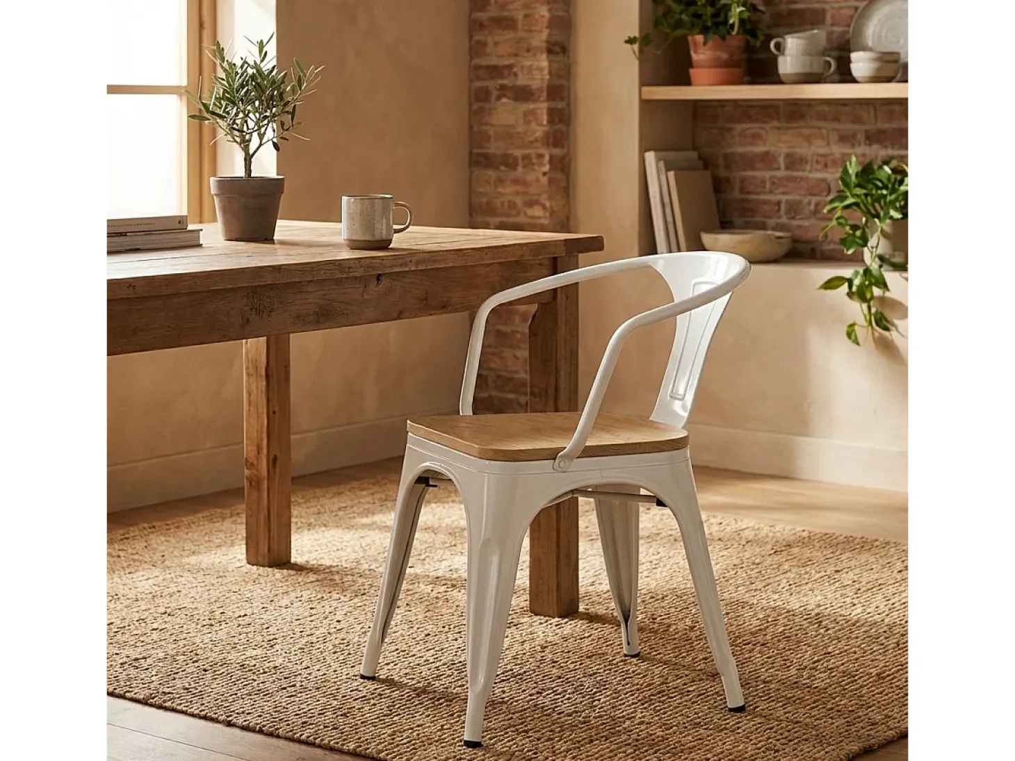 sillas de comedor de metal y madera estilo industrial steel wood arm light - Blanco