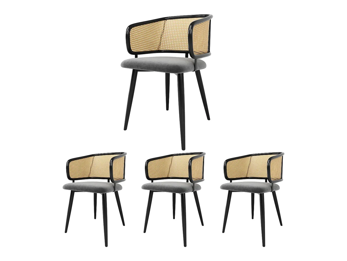 Sillas de comedor de ratán (4 piezas), cojín de terciopelo, diseño moderno, patas de metal, gris (47 x 51 x 79 cm)