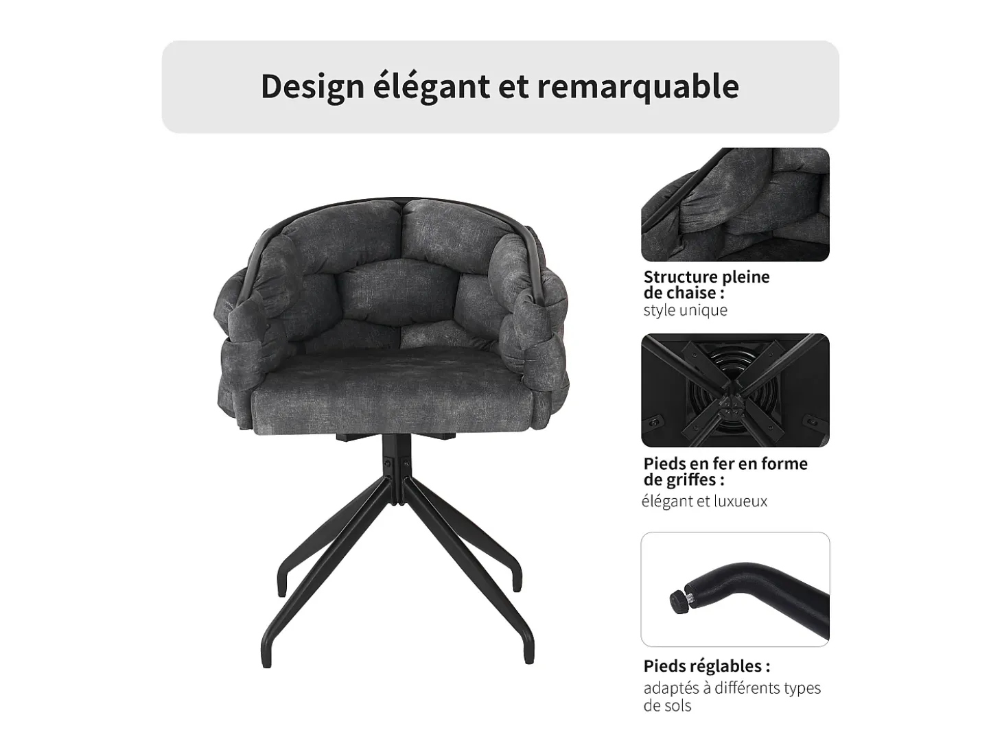 Sillas de comedor de terciopelo de lujo, juego de 2, silla giratoria, rotación de 360°, sillas de comedor con respaldo, gris
