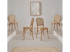 Sillas de madera y ratán vintage, set de 4 natural