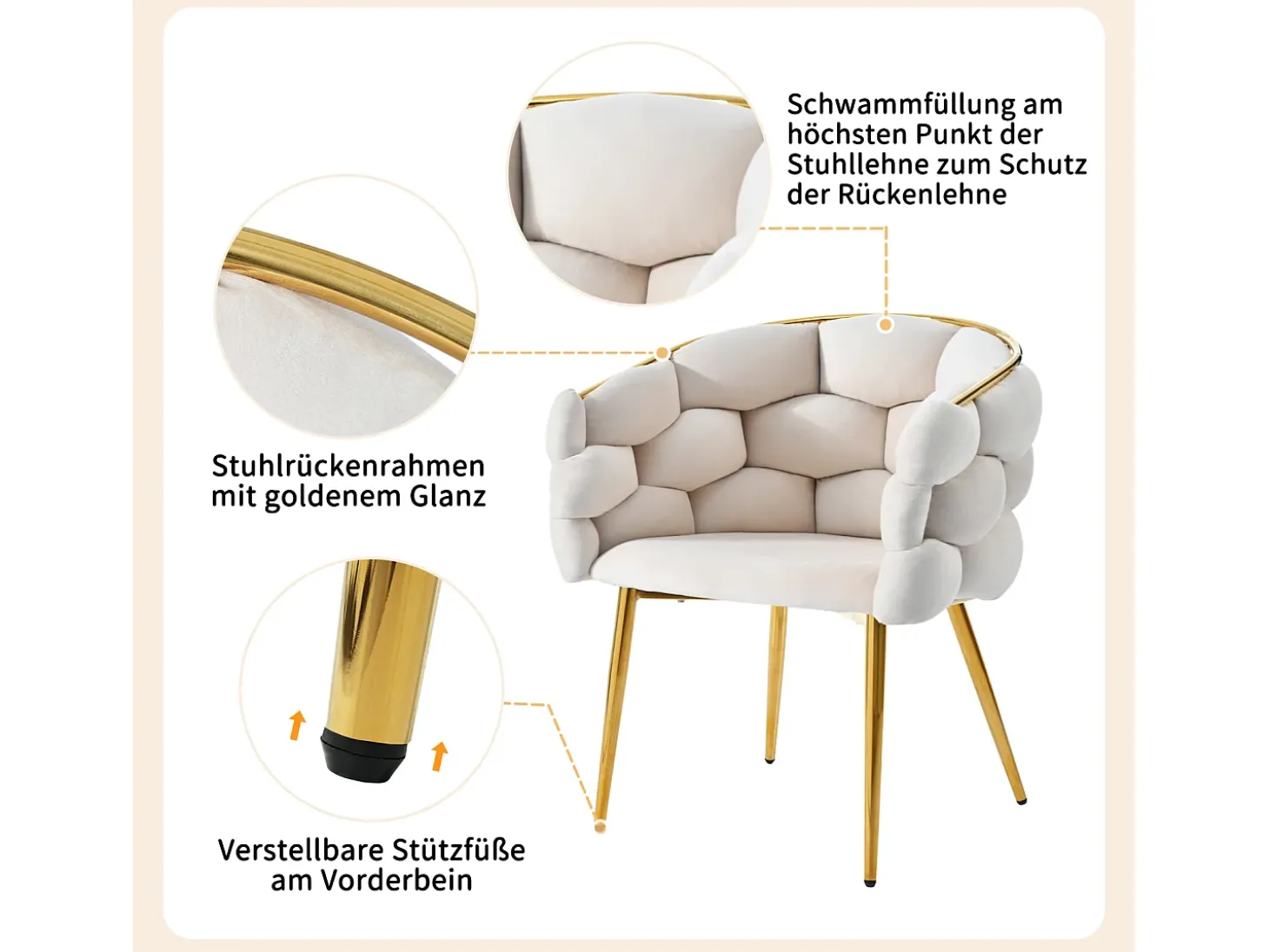 Sillas de terciopelo de lujo de 1 plaza, sillas de sala, sillas de comedor, patas de hierro dorado, beige, sillas burbuja