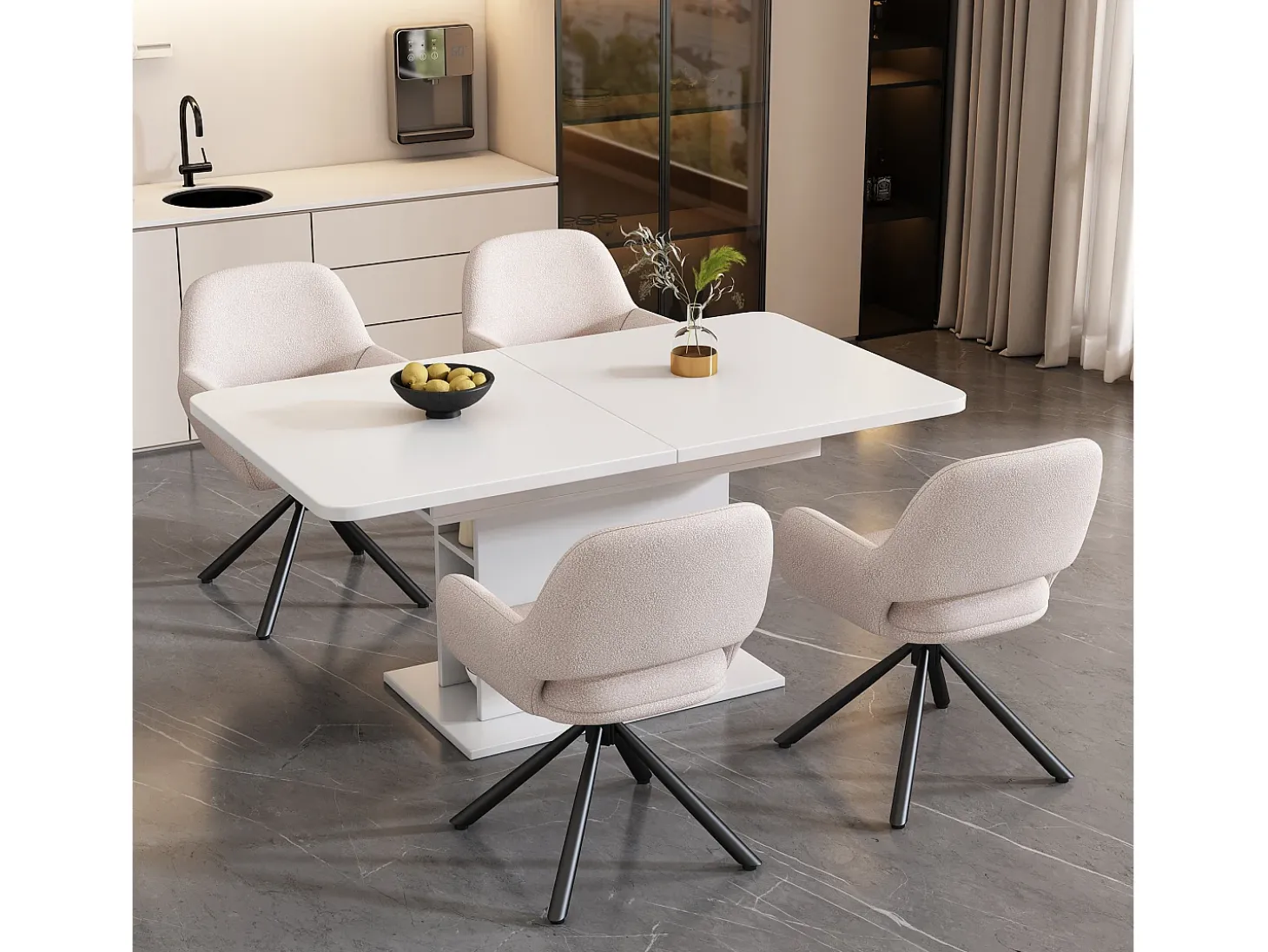 Sillas giratorias con reposabrazos, tejido Sherpa, 4 piezas, patas de metal, color blanco (68x65x51 cm)