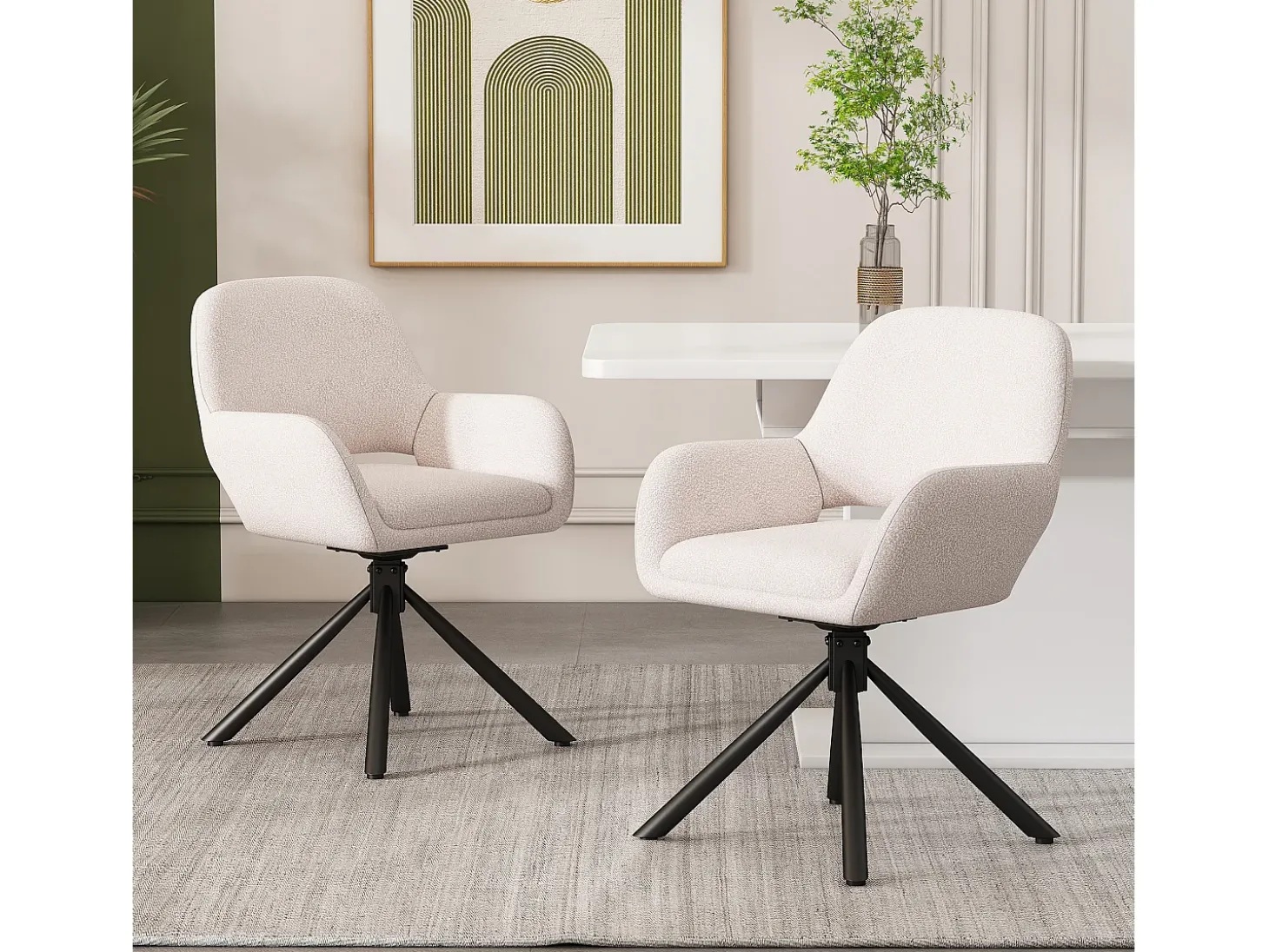 Sillas giratorias con reposabrazos, tejido Sherpa, 4 piezas, patas de metal, color blanco (68x65x51 cm)