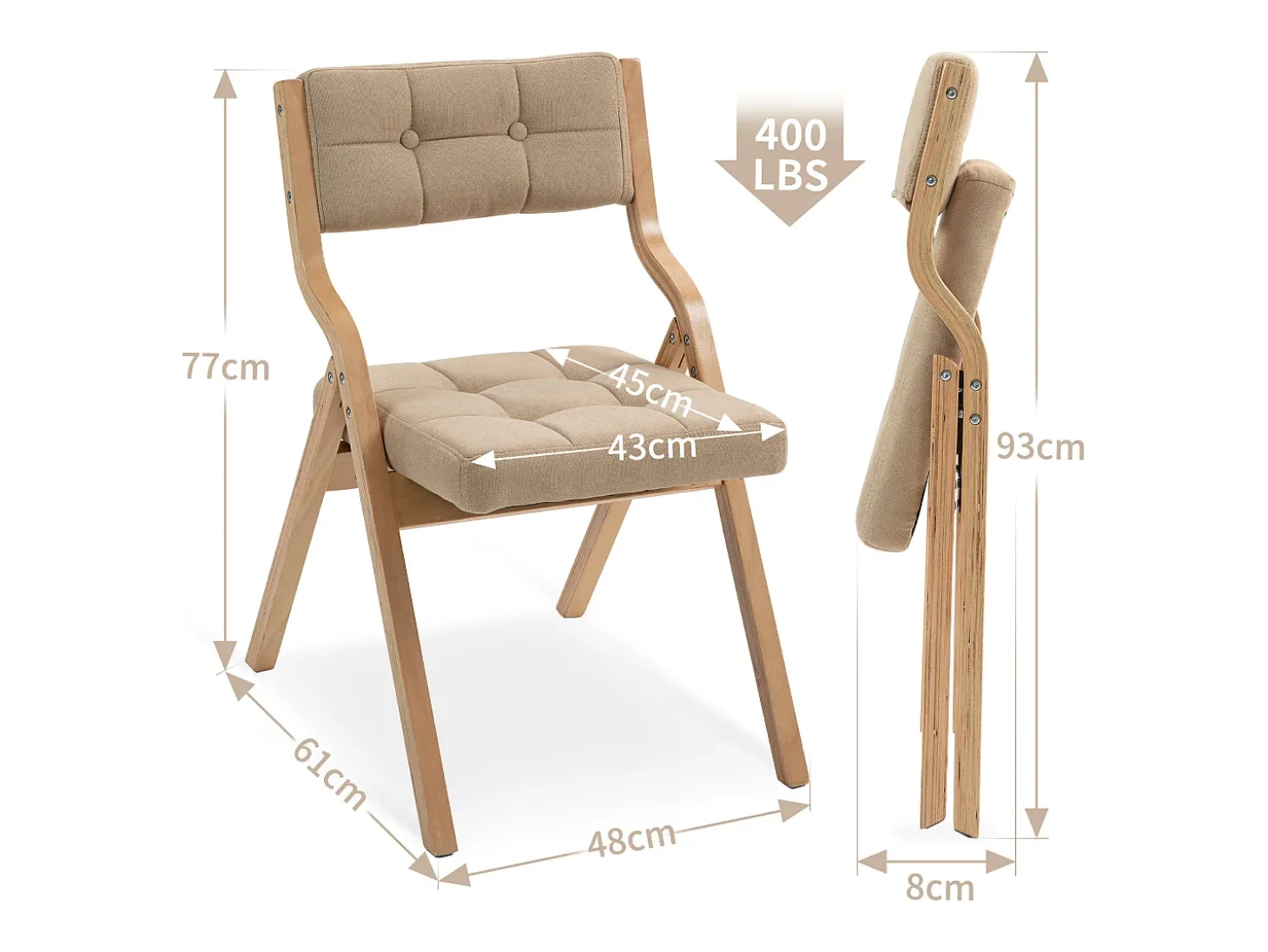 Sillas plegables con cojines, juego de 2, sillas plegables acolchadas de madera, portátiles, ensambladas, color caqui