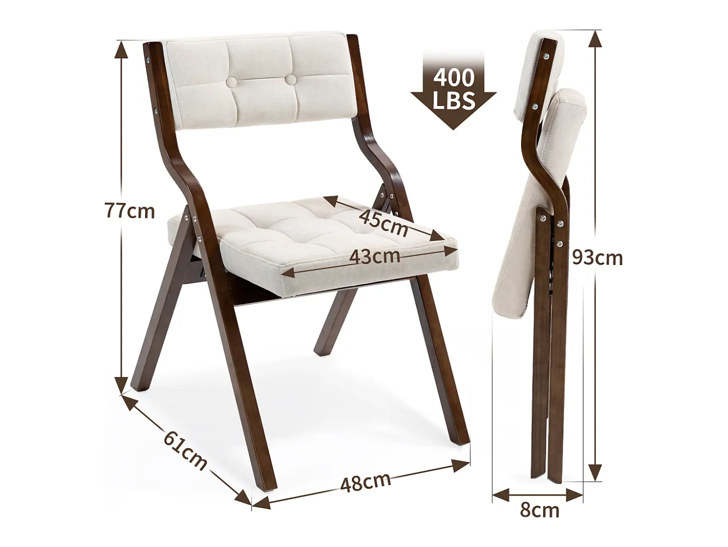 Sillas plegables con cojín, sillas de comedor plegables, madera, color crema (61 x 48 x 77 cm)