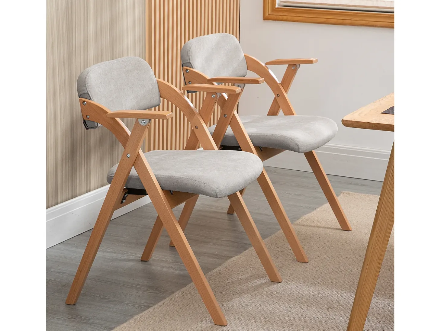Sillas plegables con reposabrazos, juego de 2, silla de comedor apilable de madera con asientos tapizados, gris
