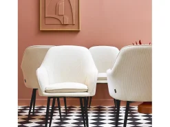 Sillón de terciopelo de canalé y patas de metal negro, set de 4 blanco