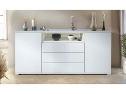 Skadu V4 Cajonera, Cómoda con 2 Puertas, 3 Cajones y 1 Compartimento abierto, blanco mate/crema de alto brillo (166,5 x 75,5 x 35 cm)