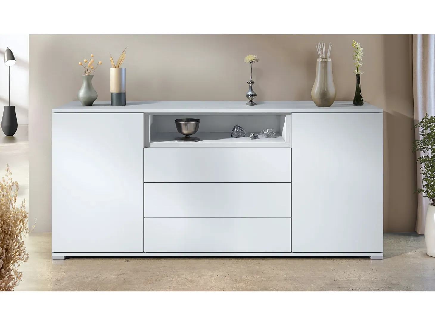 Skadu V4 Cajonera, Cómoda con 2 Puertas, 3 Cajones y 1 Compartimento abierto, blanco mate/blanco mate (166,5 x 75,5 x 35 cm)