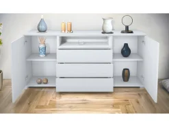 Skadu V4 Cajonera, Cómoda con 2 Puertas, 3 Cajones y 1 Compartimento abierto, blanco mate/blanco mate (166,5 x 75,5 x 35 cm)