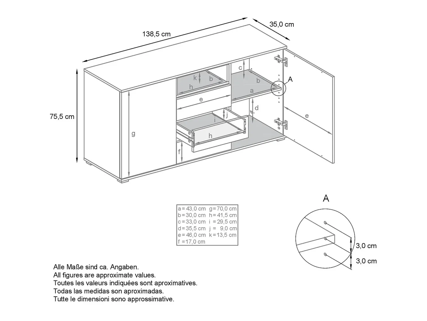 Skadu V2 Cajonera, Cómoda con 2 Puertas, 3 Cajones y 1 Compartimento abierto, antracita mate/crema de alto brillo (138,5 x 75,5 x 35 cm)