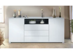 Skadu V4 Cajonera, Cómoda con 2 Puertas, 3 Cajones y 1 Compartimento abierto, blanco mate/negro de alto brillo (166,5 x 75,5 x 35 cm)