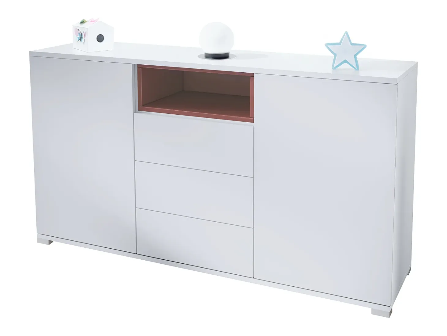 Skadu V2 Cajonera, Cómoda con 2 Puertas, 3 Cajones y 1 Compartimento abierto, blanco mate/burdeos de alto brillo (138,5 x 75,5 x 35 cm)