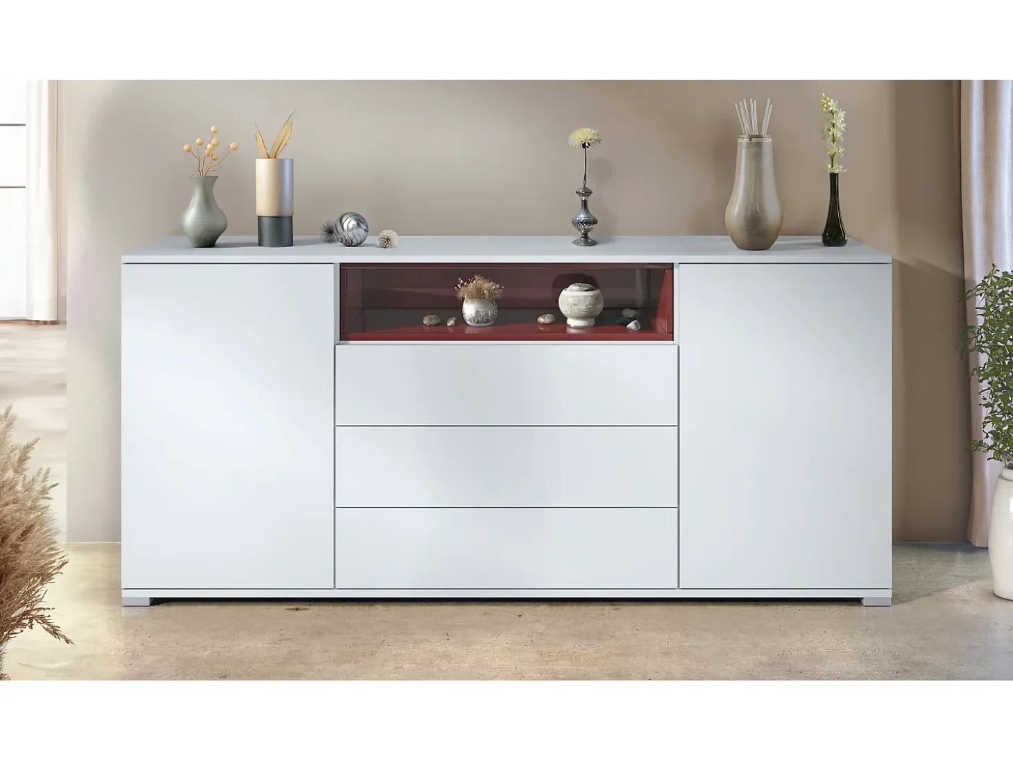 Skadu V4 Cajonera, Cómoda con 2 Puertas, 3 Cajones y 1 Compartimento abierto, blanco mate/burdeos de alto brillo (166,5 x 75,5 x 35 cm)