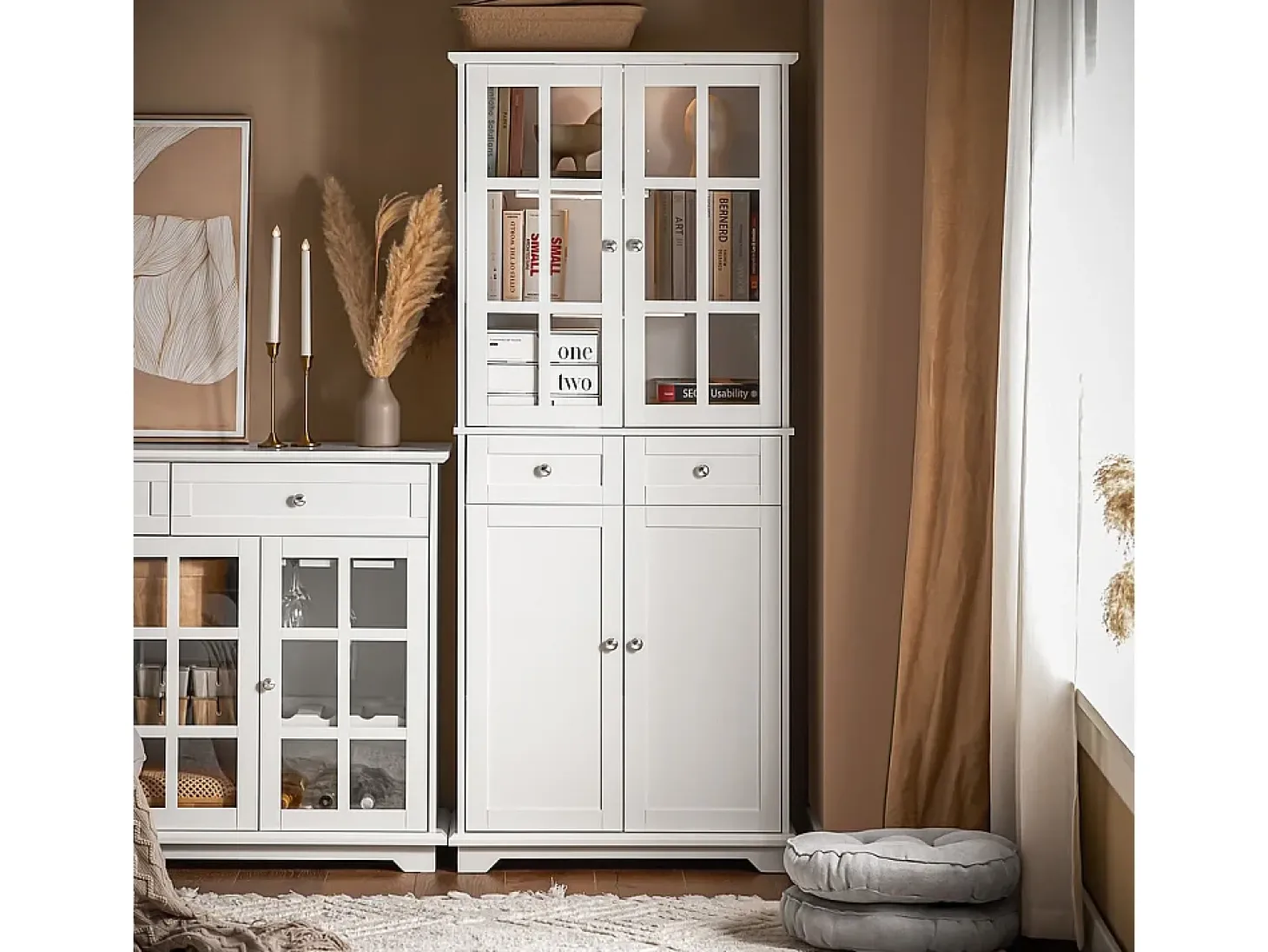 SoBuy Aparador Alto de Cocina con 4 Puertas y 2 Cajones Blanco