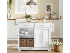 SoBuy carrito de cocina con ruedas encimera de madera extensible 2 cajones estantes ajustables blanco 113x91x44-69 cm