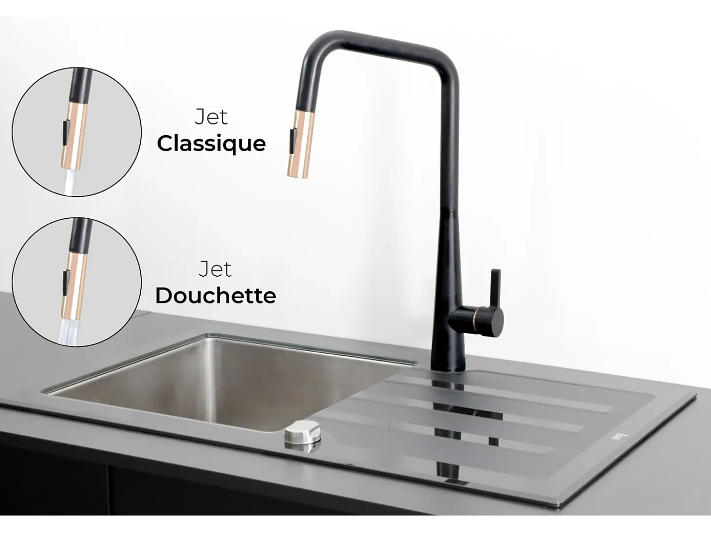 Style Grifo mezclador de fregadero con ducha extraíble negro mate y oro rosa Essebagno