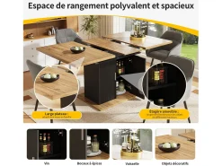Tabla de comedor extensible 6 a 8 personas, con estante de almacenamiento ajustable, MDF natural y negro, 110/140x70cm