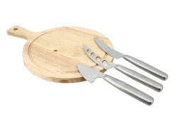 Tabla de cortar rectangular de madera de acacia con 3 cuchillos para queso de acero inoxidable.