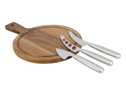 Tabla de cortar rectangular de madera de acacia con 3 cuchillos para queso de acero inoxidable.