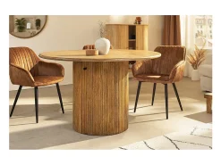 Table YONA – Redonda diámetro 120 cm – Madera maciza de mango barnizada – Con almacenamiento integrado – Estilo rústico