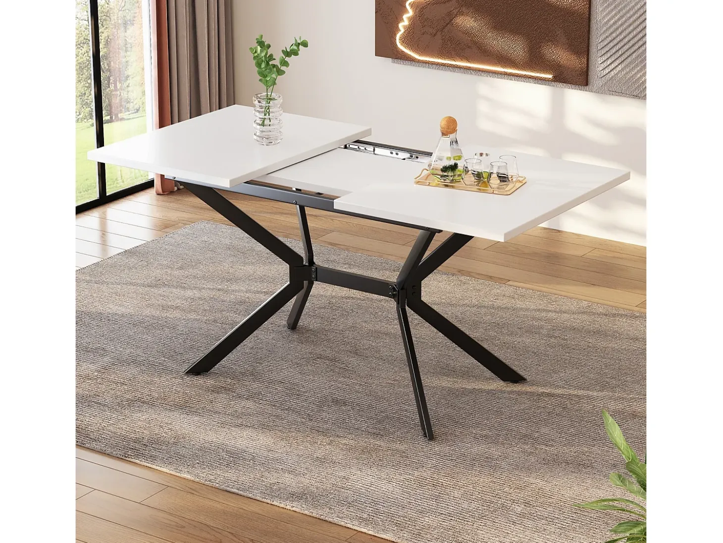 Tablero de comedor extensible blanco 120/160 cm, 4 a 6 personas, en MDF y metal, mesa rectangular