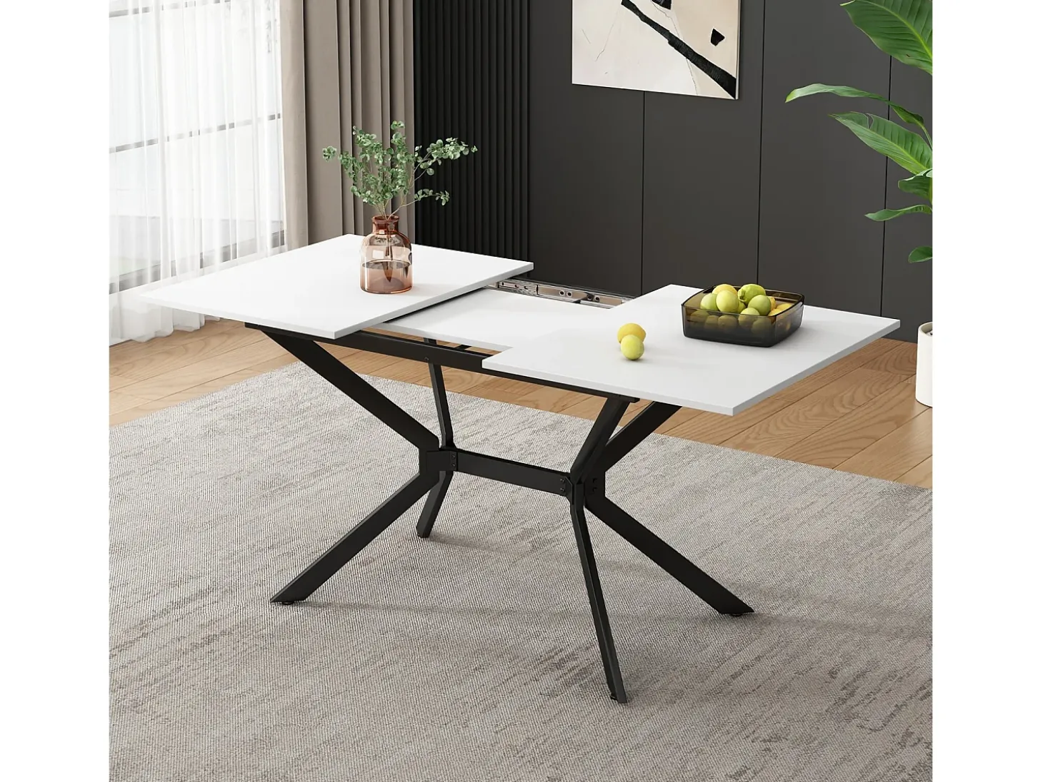 Tablero de comedor extensible blanco 120/160 cm, 4 a 6 personas, en MDF y metal, mesa rectangular