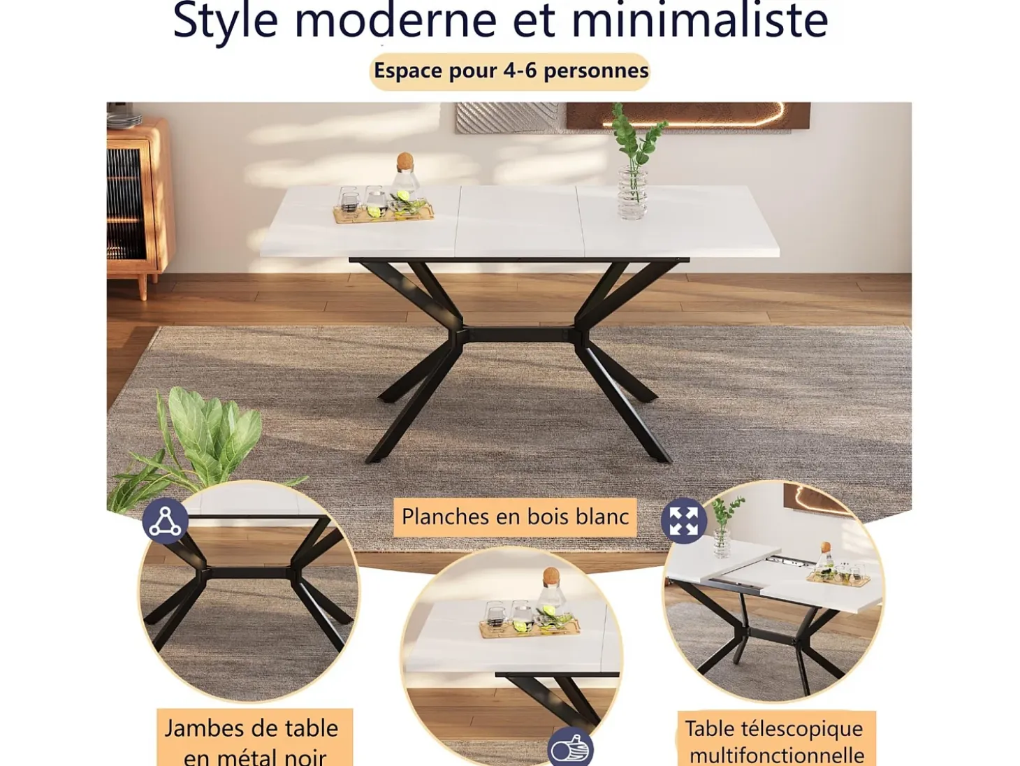 Tablero de comedor extensible blanco 120/160 cm, 4 a 6 personas, en MDF y metal, mesa rectangular