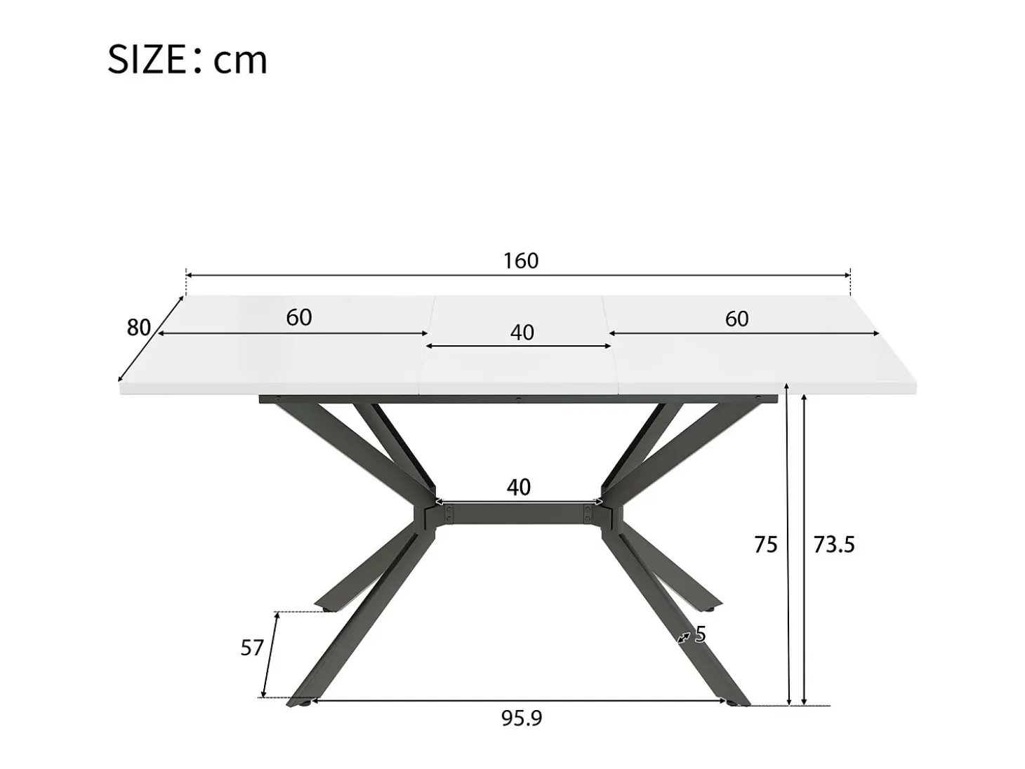 Tablero de comedor extensible blanco 120/160 cm, 4 a 6 personas, en MDF y metal, mesa rectangular