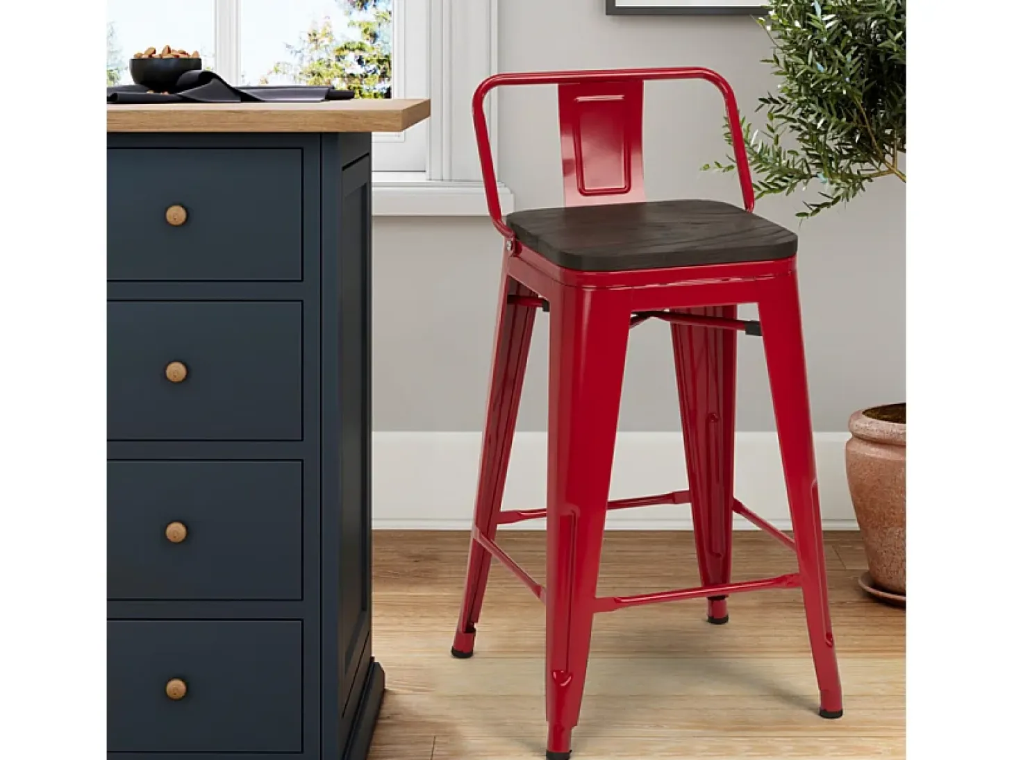taburete alto de diseño industrial de metal y madera, para barra y cocina steel wood top - Rojo