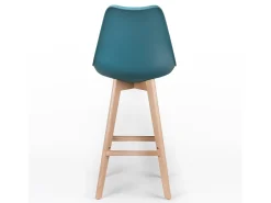 Taburete alto nórdico con cojín de piel sintética azul pato y patas de haya clara Tula 76 cm