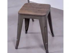 Taburete bajo industrial en acero envejecido y asiento de madera (45cm) - Bistro - Antique