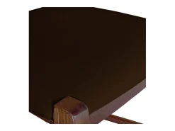 Taburete de 80 cm de altura en madera de nogal oscuro con asiento acolchado en piel sintética marrón.