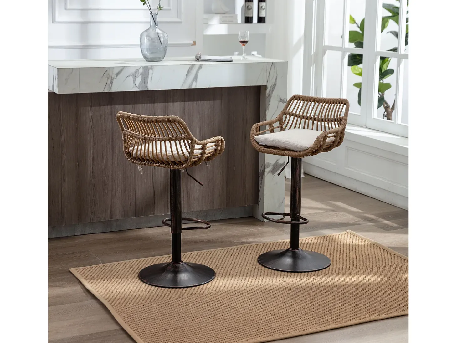 Taburete de bar ajustable, juego de 2, con reposapiés, lino, beige (49 x 48 x 89 cm)