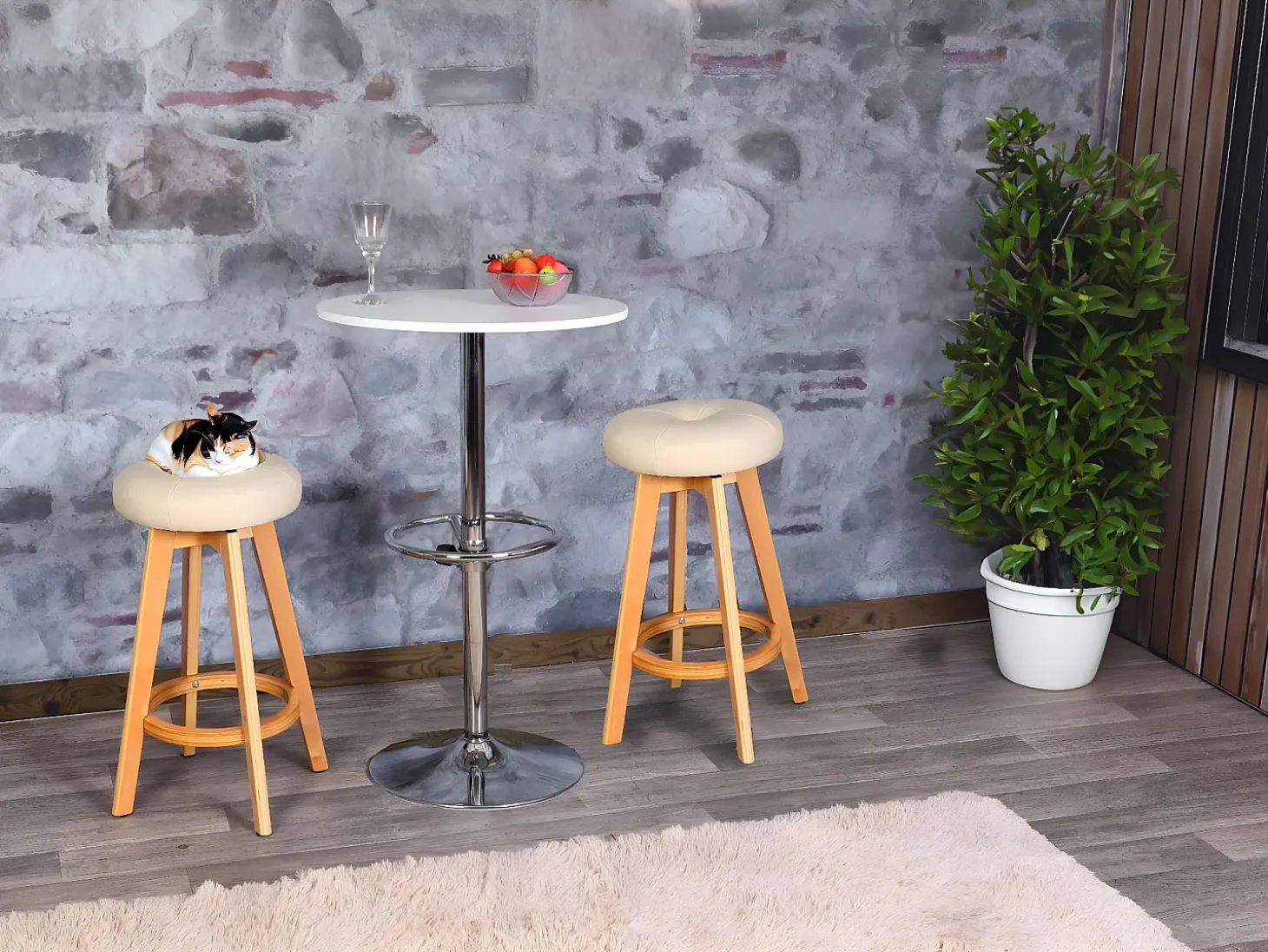 Taburete de bar Boras (juego de 2) giratorio, crema, patas claras