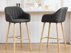 Taburete de Bar con Respaldo y Reposabrazos - Pies en Roble, Asiento de Lino - Altura Fija 75 cm - Ideal para Mostrador, Isla de Cocina, Barra