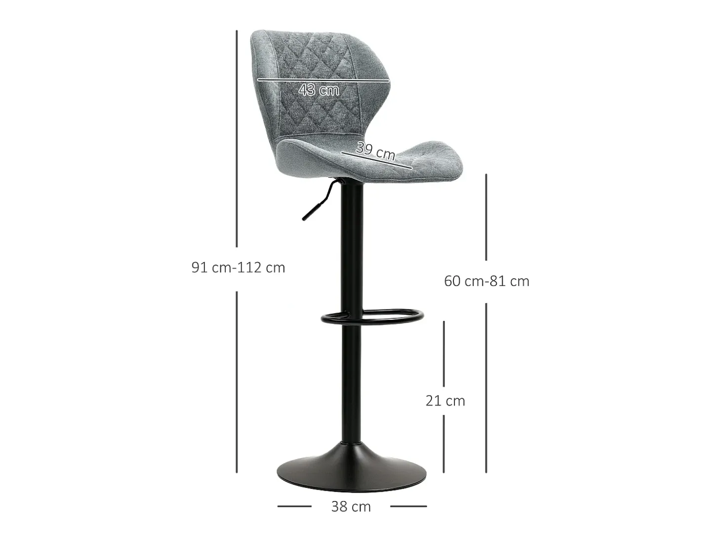 Taburete de bar con respaldo, regulable en altura, tejido chenilla, patas de metal, gris oscuro (51,5x48x112 cm)