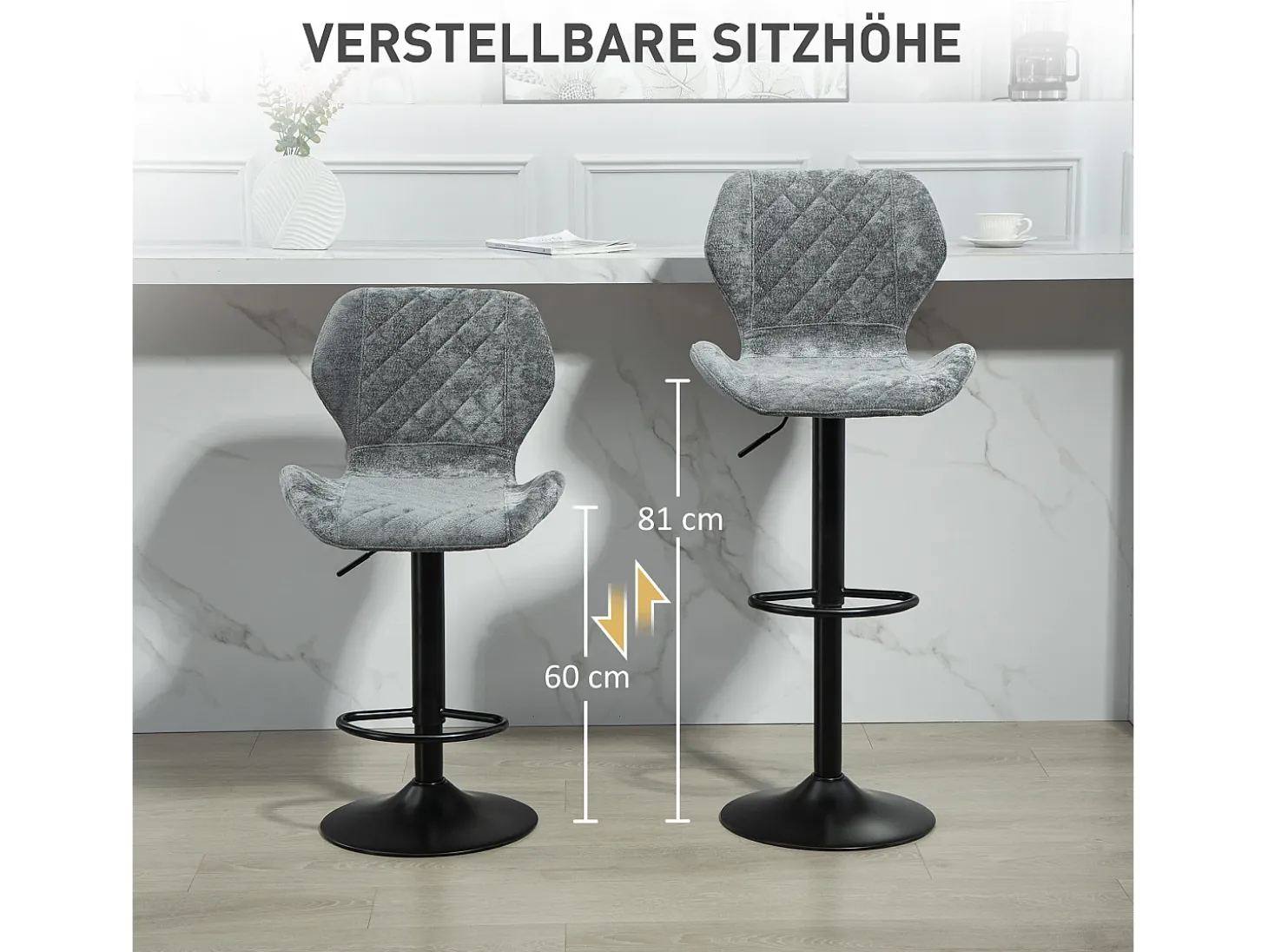 Taburete de bar con respaldo, regulable en altura, tejido chenilla, patas de metal, gris oscuro (51,5x48x112 cm)