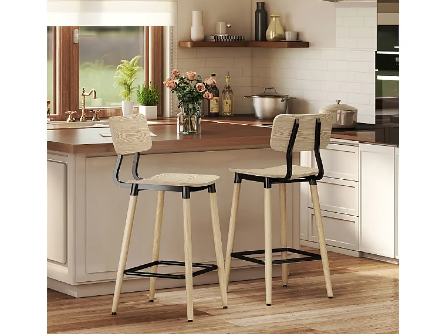 Taburete de bar con respaldo y reposapiés, diseño moderno, estructura de acero, color madera natural (47x41x94 cm)