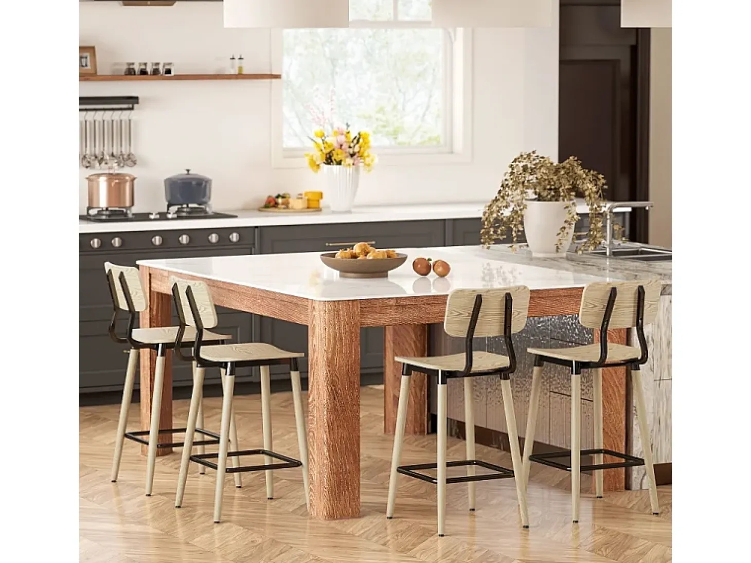 Taburete de bar con respaldo y reposapiés, diseño moderno, estructura de acero, color madera natural (47x41x94 cm)