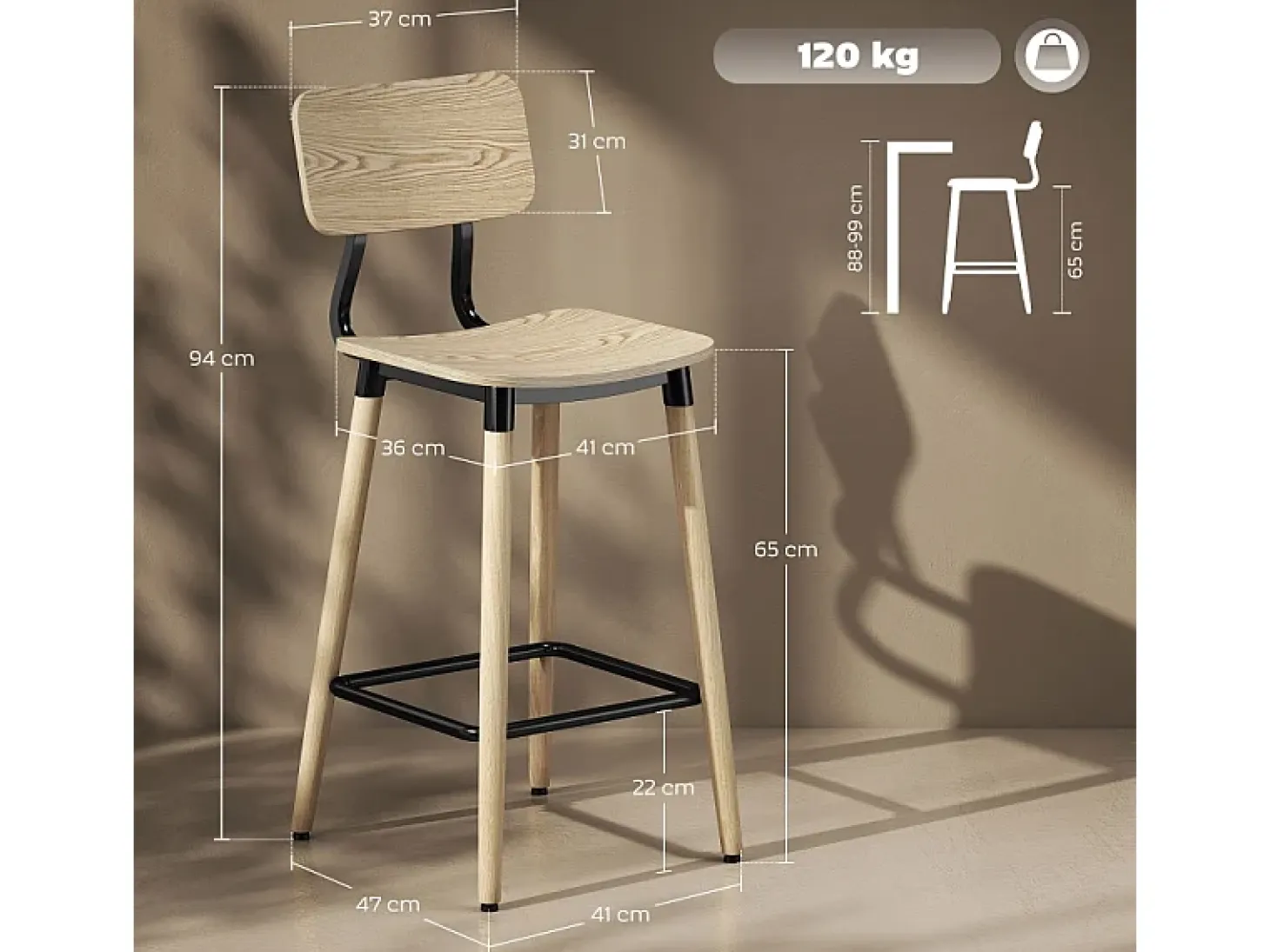 Taburete de bar con respaldo y reposapiés, diseño moderno, estructura de acero, color madera natural (47x41x94 cm)