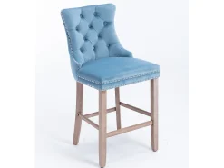 Taburete de bar contemporáneo, tapizado, madera maciza, base de madera, remaches cromados, terciopelo, azul claro (60x50x103 cm)