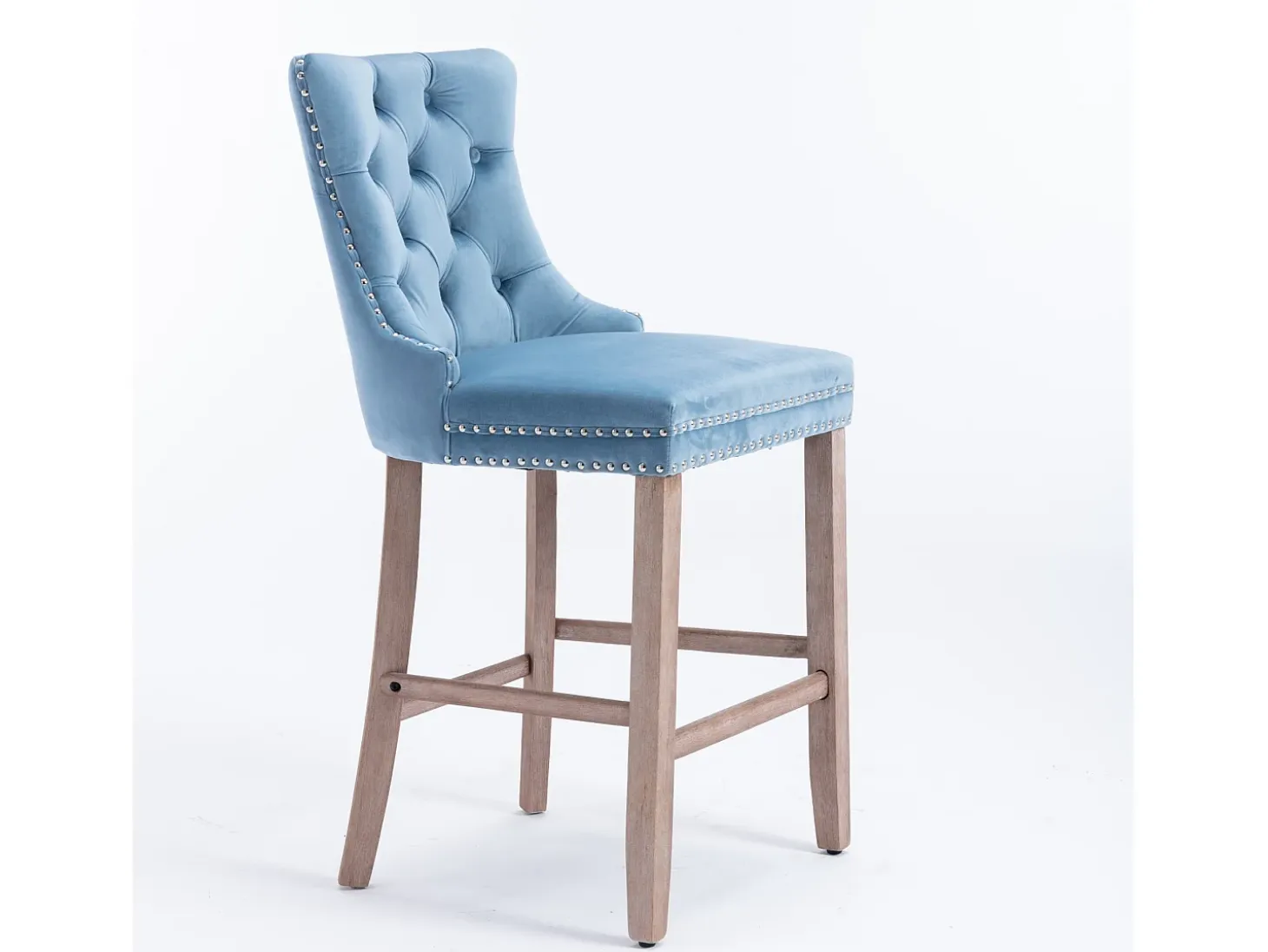 Taburete de bar contemporáneo, tapizado, madera maciza, base de madera, remaches cromados, terciopelo, azul claro (60x50x103 cm)
