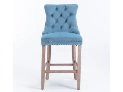 Taburete de bar contemporáneo, tapizado, madera maciza, base de madera, remaches cromados, terciopelo, azul claro (60x50x103 cm)