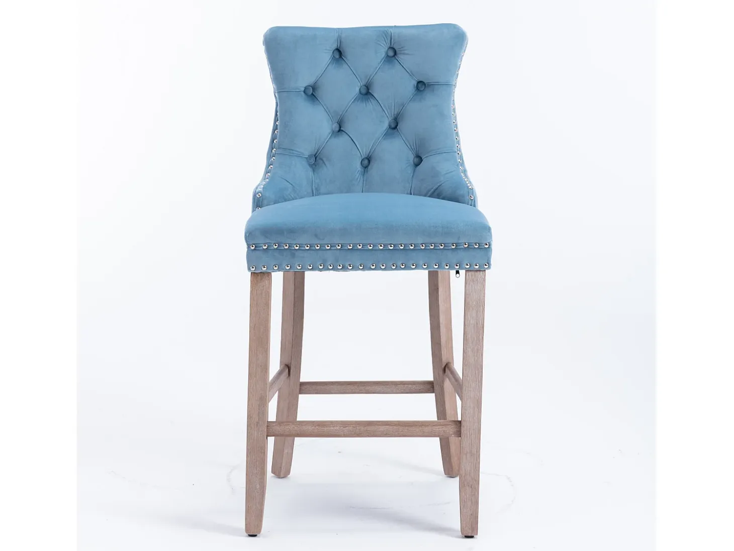Taburete de bar contemporáneo, tapizado, madera maciza, base de madera, remaches cromados, terciopelo, azul claro (60x50x103 cm)
